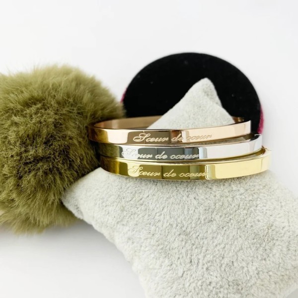 Bracelet Jonc argent fin en acier inoxydable personnalisé "soeur de coeur"