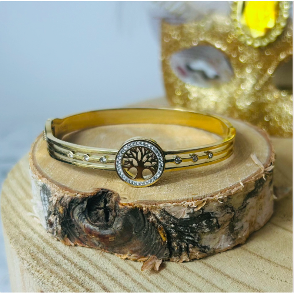 Bracelet jonc acier inoxydable or ARBRE DE VIE