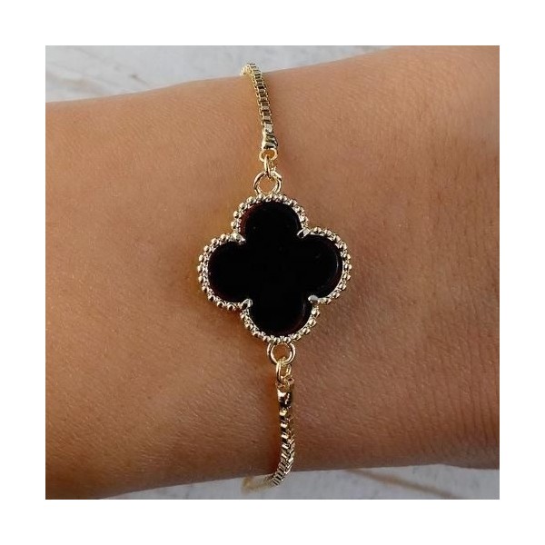 Bracelet trèfles noires acier inoxydable or