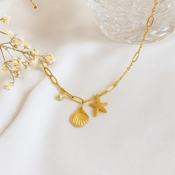 Collier charms coquillage et étoile de mer acier inoxydable or OCEANA