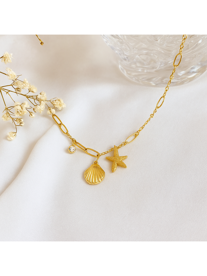 Collier charms coquillage et étoile de mer acier inoxydable or OCEANA