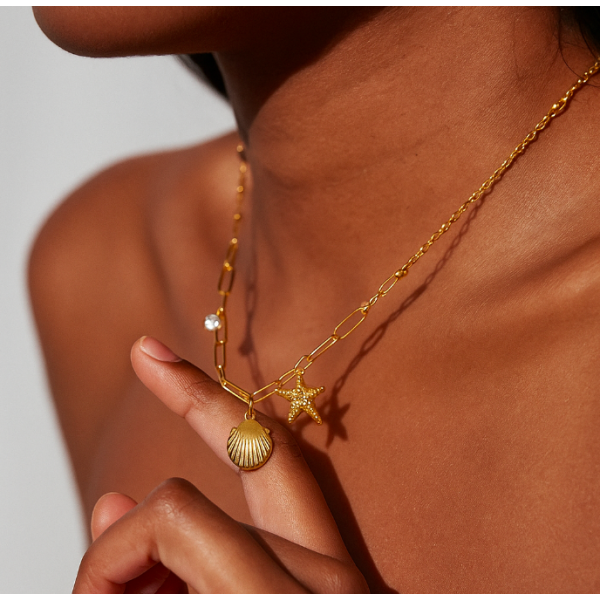 Collier charms coquillage et étoile de mer acier inoxydable or OCEANA
