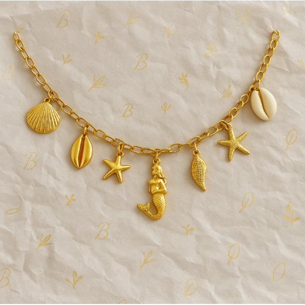Collier charms  acier inoxydable or  coquillages