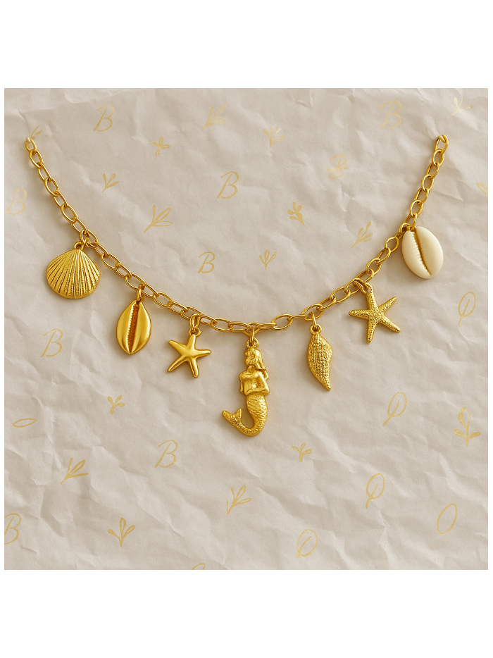 Collier charms  acier inoxydable or  coquillages