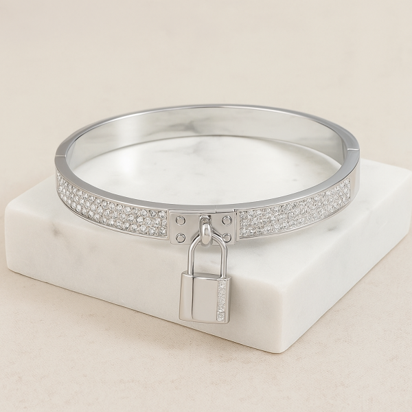 Bracelet  jonc en acier inoxydable or cadenas argenté
