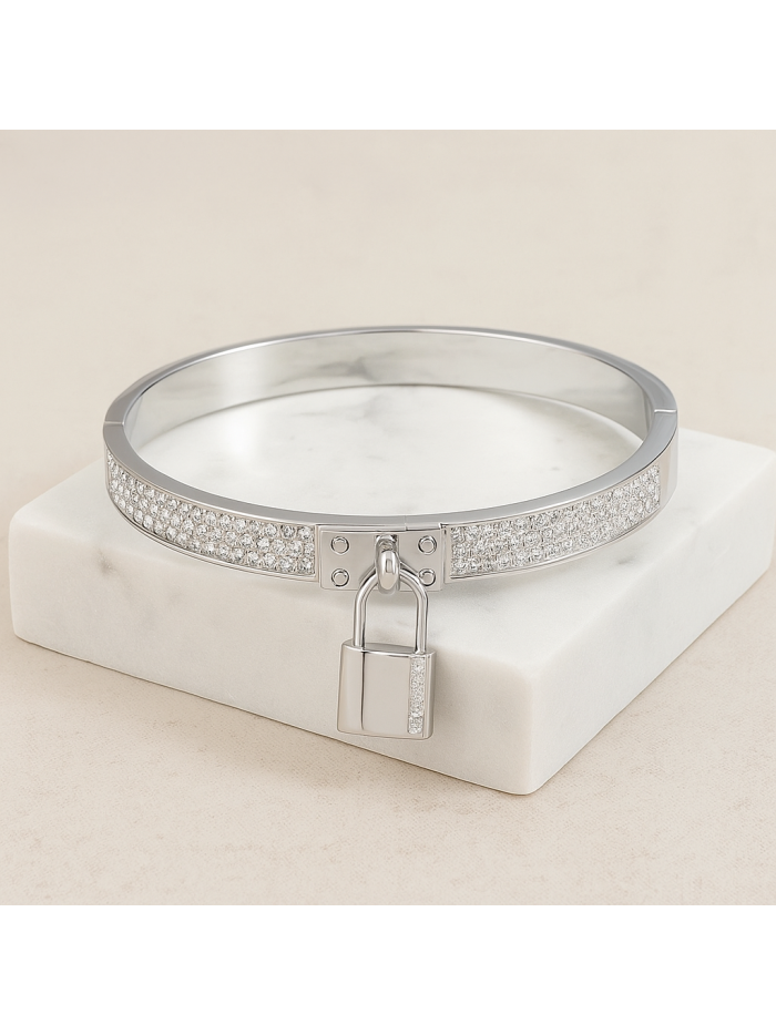 Bracelet  jonc en acier inoxydable or cadenas argenté