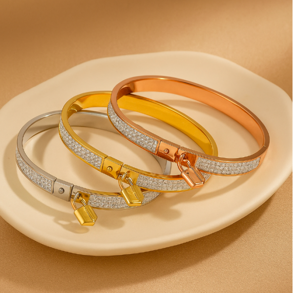 Bracelet  jonc en acier inoxydable or cadenas doré