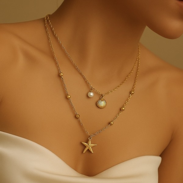 Collier multirang plaqué or coquillage LEYNA