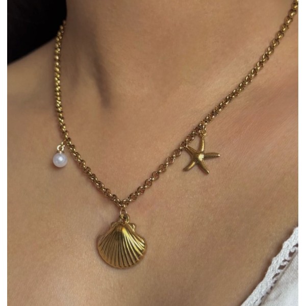 Collier charms coquillage et étoile de mer acier inoxydable or OCEANA